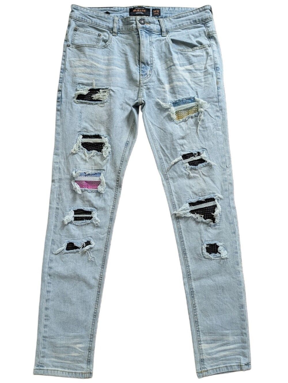 Majestik Mens Light Wash Blue Distressed Ripped Studded Skinny Jeans Size 34x32